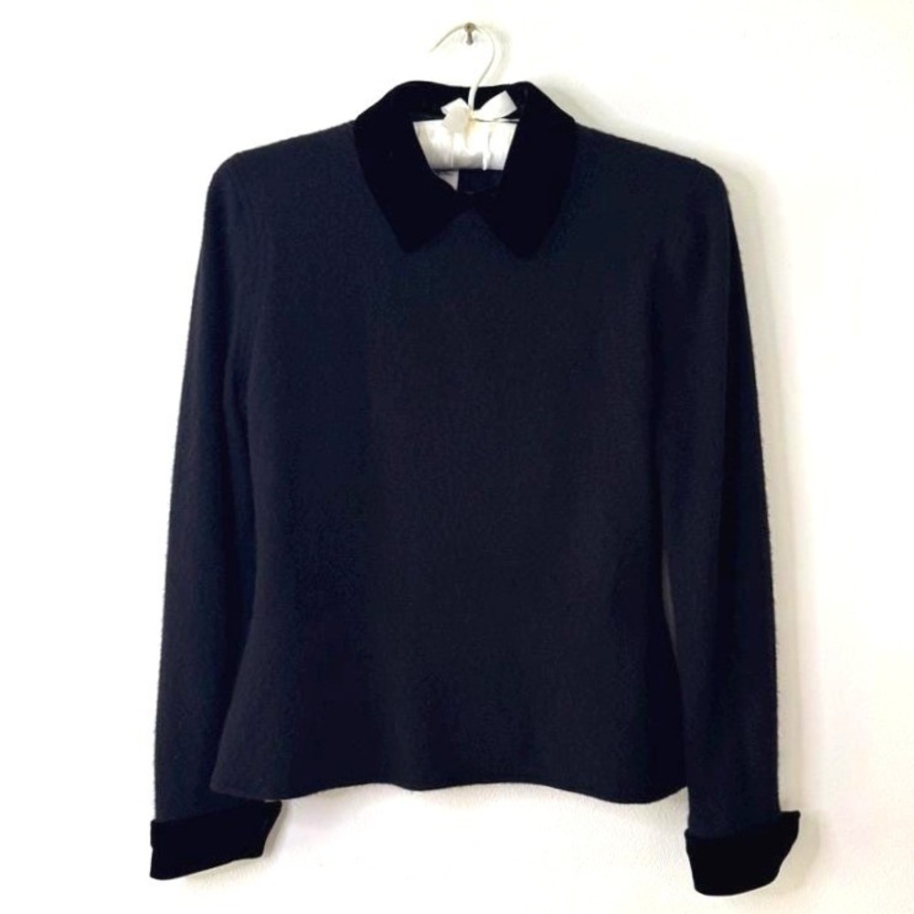 Vintage Oscar de la Renta Black Cashmere Velvet Collar Cuffs Back Zip USA Size 8